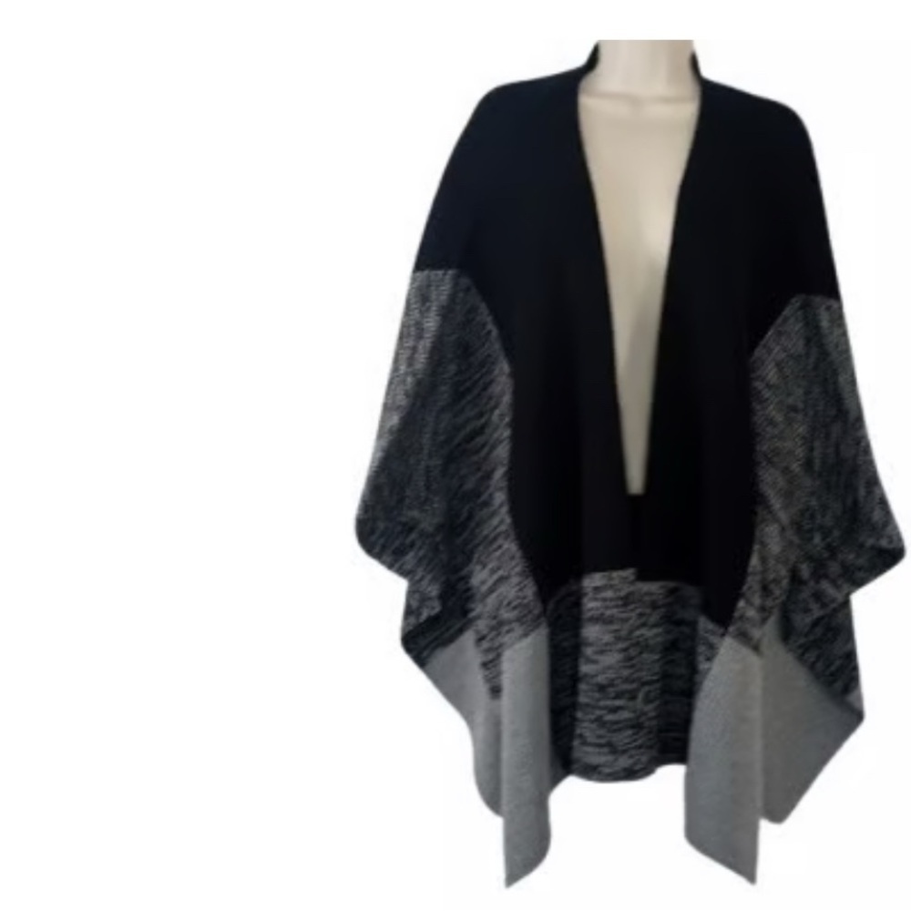 Rebecca  Minkoff Poncho Wrap Elegant Black and Gray Women's SweaterOS CB-60